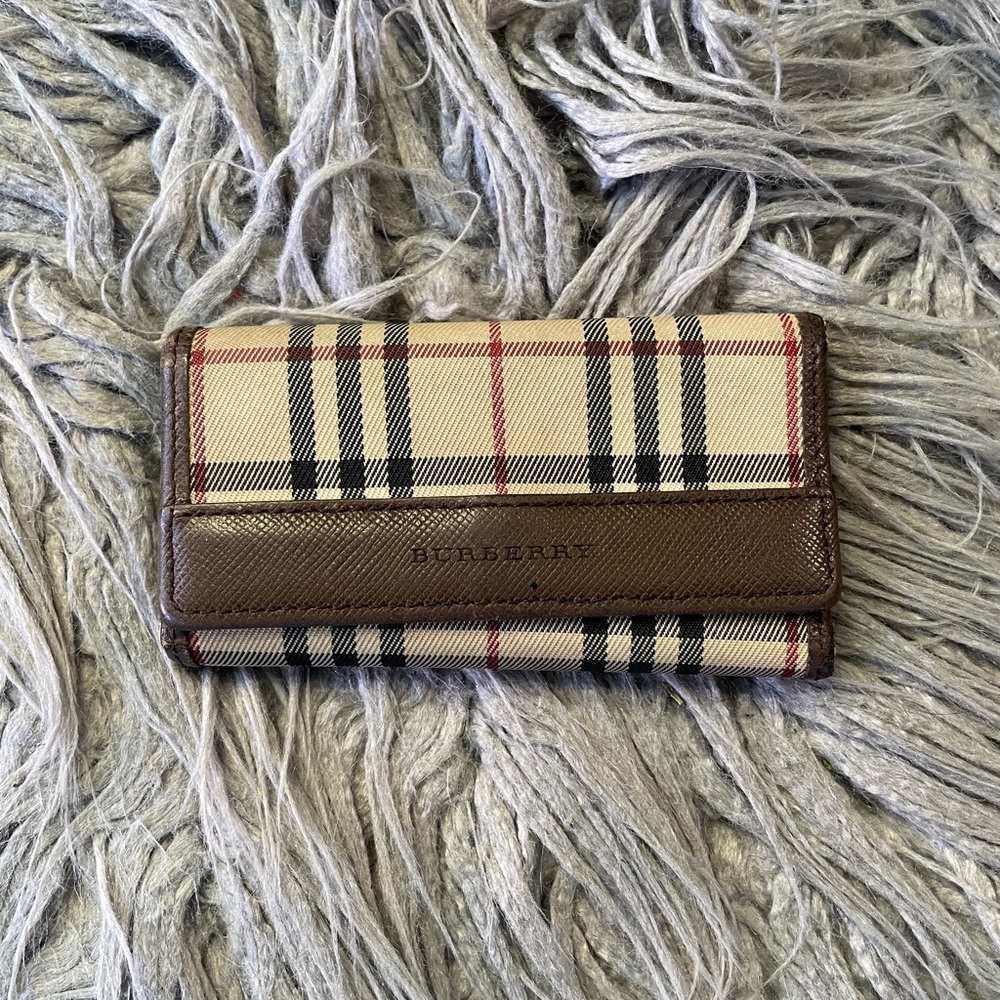 Burberry Vintage Check Brown Leather Trim Key and Card Holder